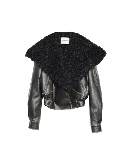 Big Fur Collar Distressed PU Leather Jacket