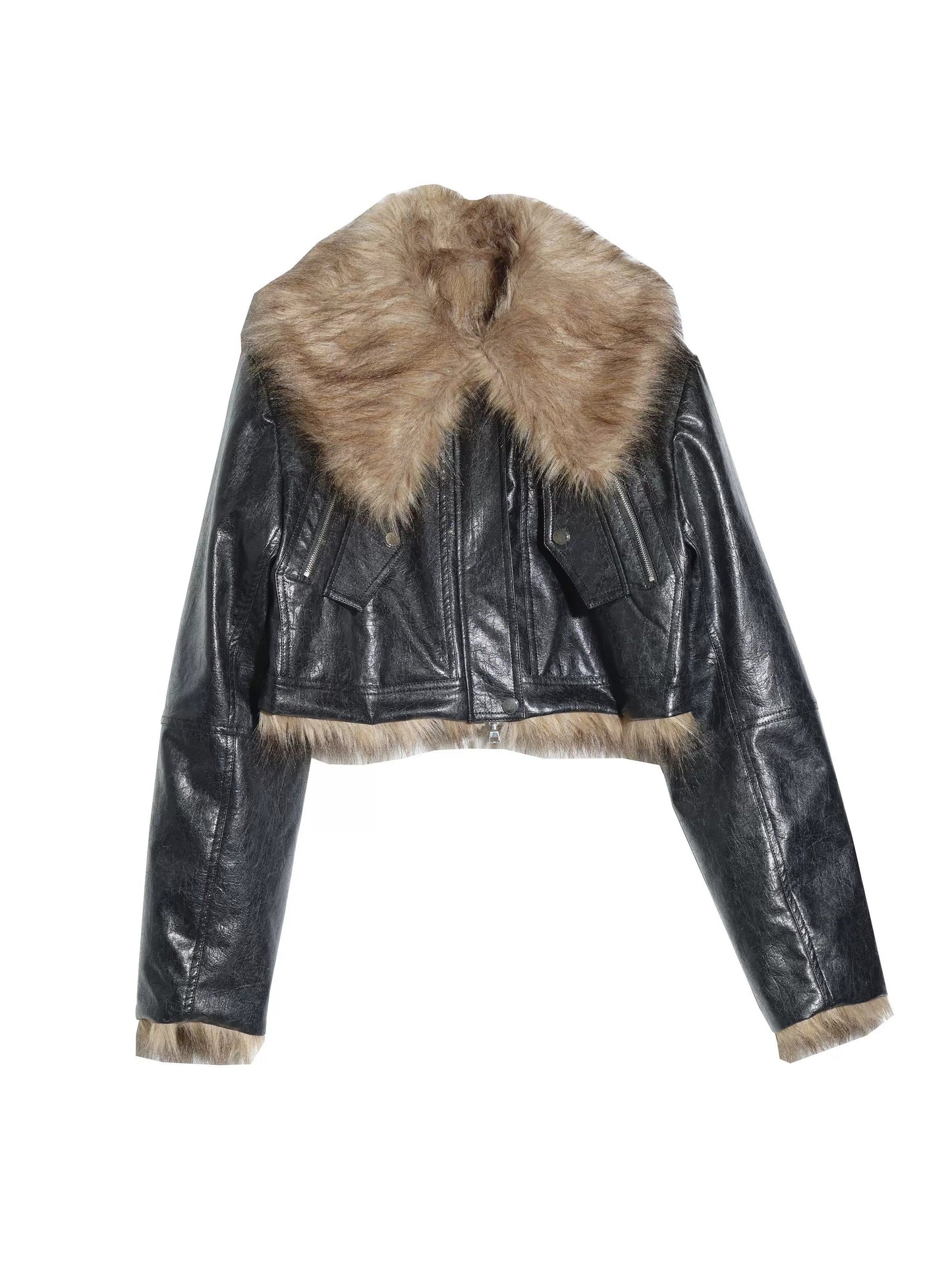 Imitation Fur Reversible PU Leather Short Jacket