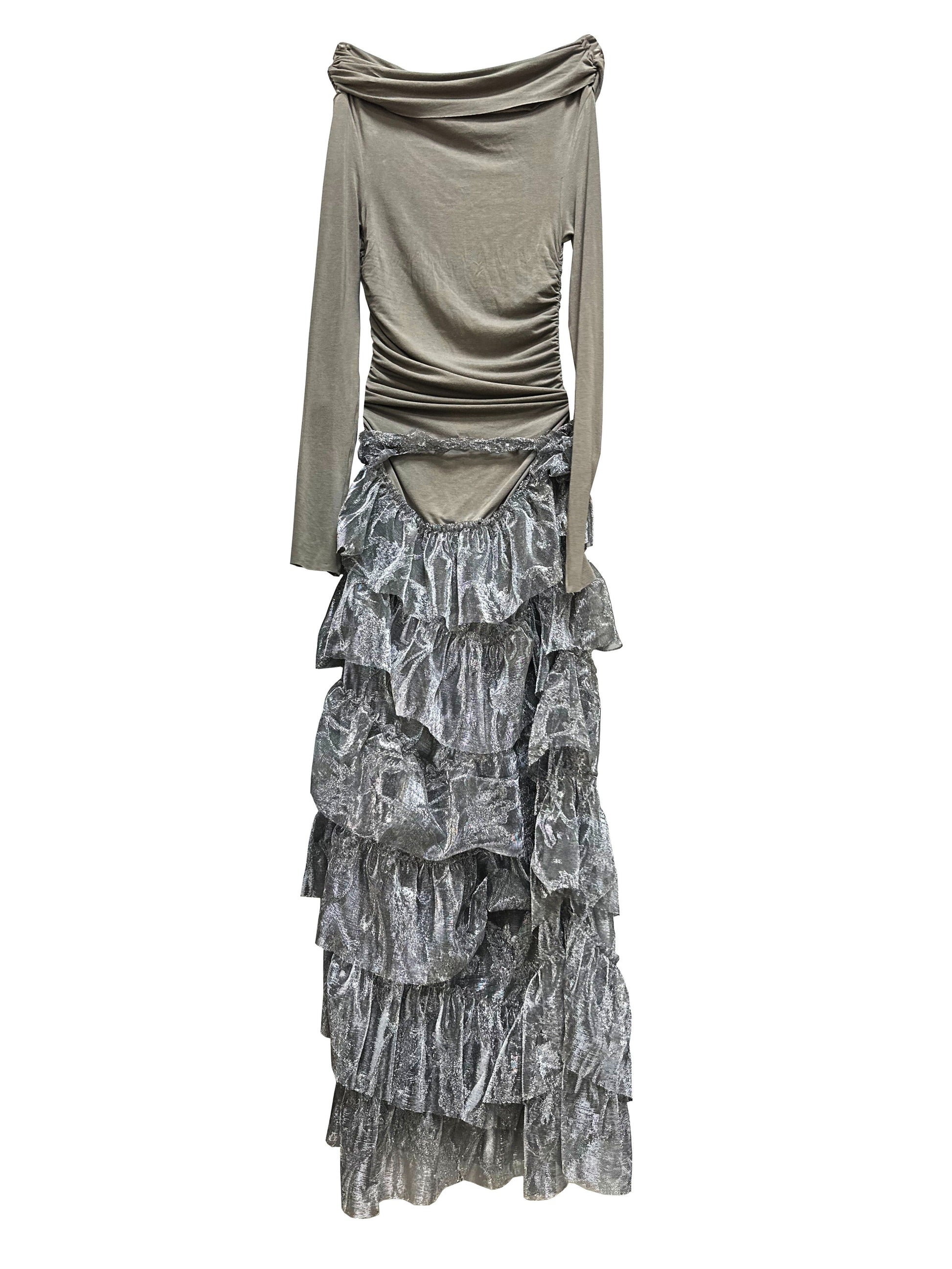 Off-shoulder Patchwork Metallic Silver Ruffled Maxi Dress