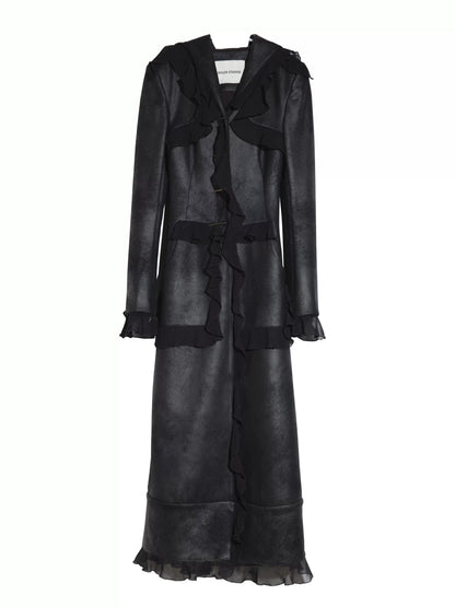 Mysterious Large Hooded Slim Thin Ruffled Long Jacket