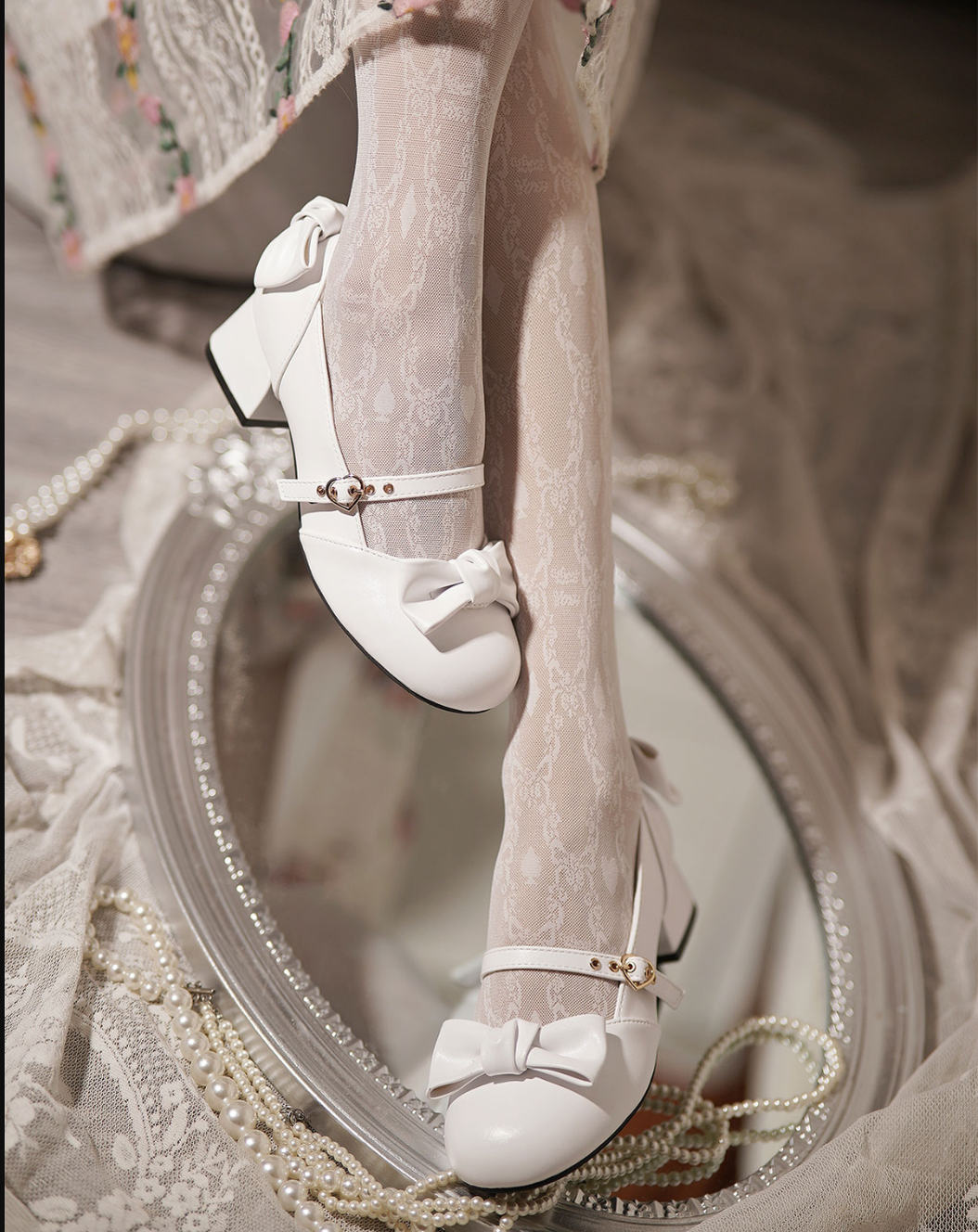 Sheep Puff - Elegant Lolita Bownot Retro High Heel Shoes