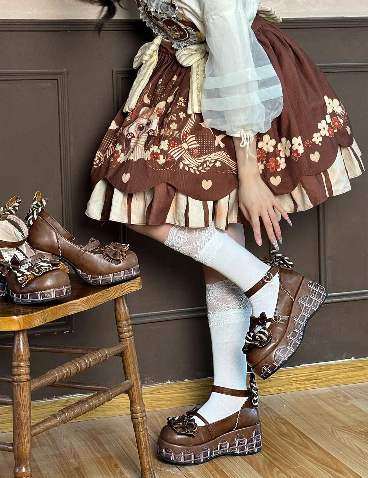 Sheep Puff - Layered Pastry - Sweet Lolita High Heel Shoes Chocolate Prints Shoes