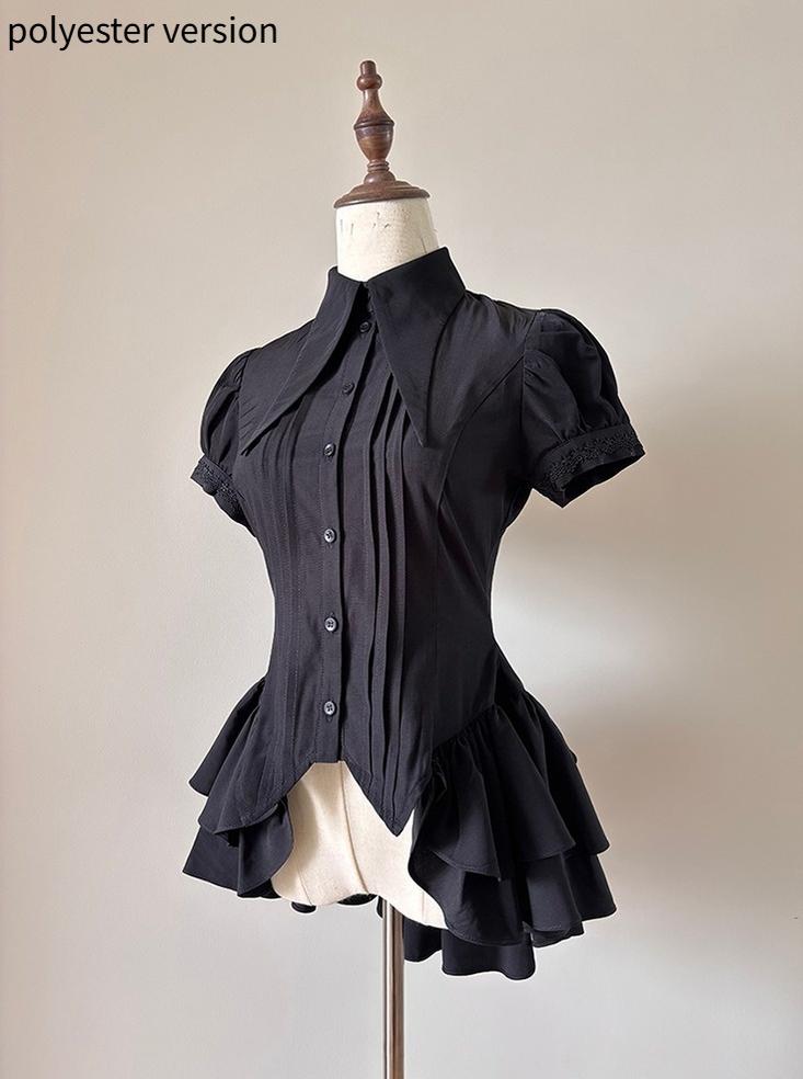 FlowerFairyDaily - Midnight Prayer - Solid Lolita Shirt with Flowing Tiered Back Hem
