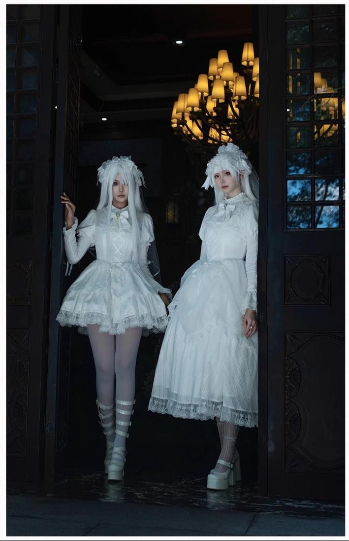 With PUJI - Fallen Heaven - White Gothic Lolita OP Set, Double Layered Skirt