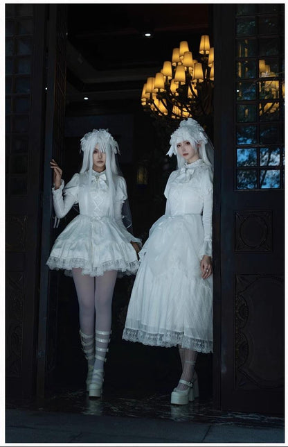 With PUJI - Fallen Heaven - White Gothic Lolita OP Set, Double Layered Skirt