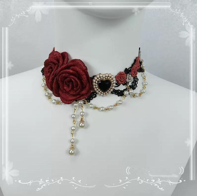 Cocoa Jam - Elegant Lolita Necklace Rose Gemstones and Pearl Necklace