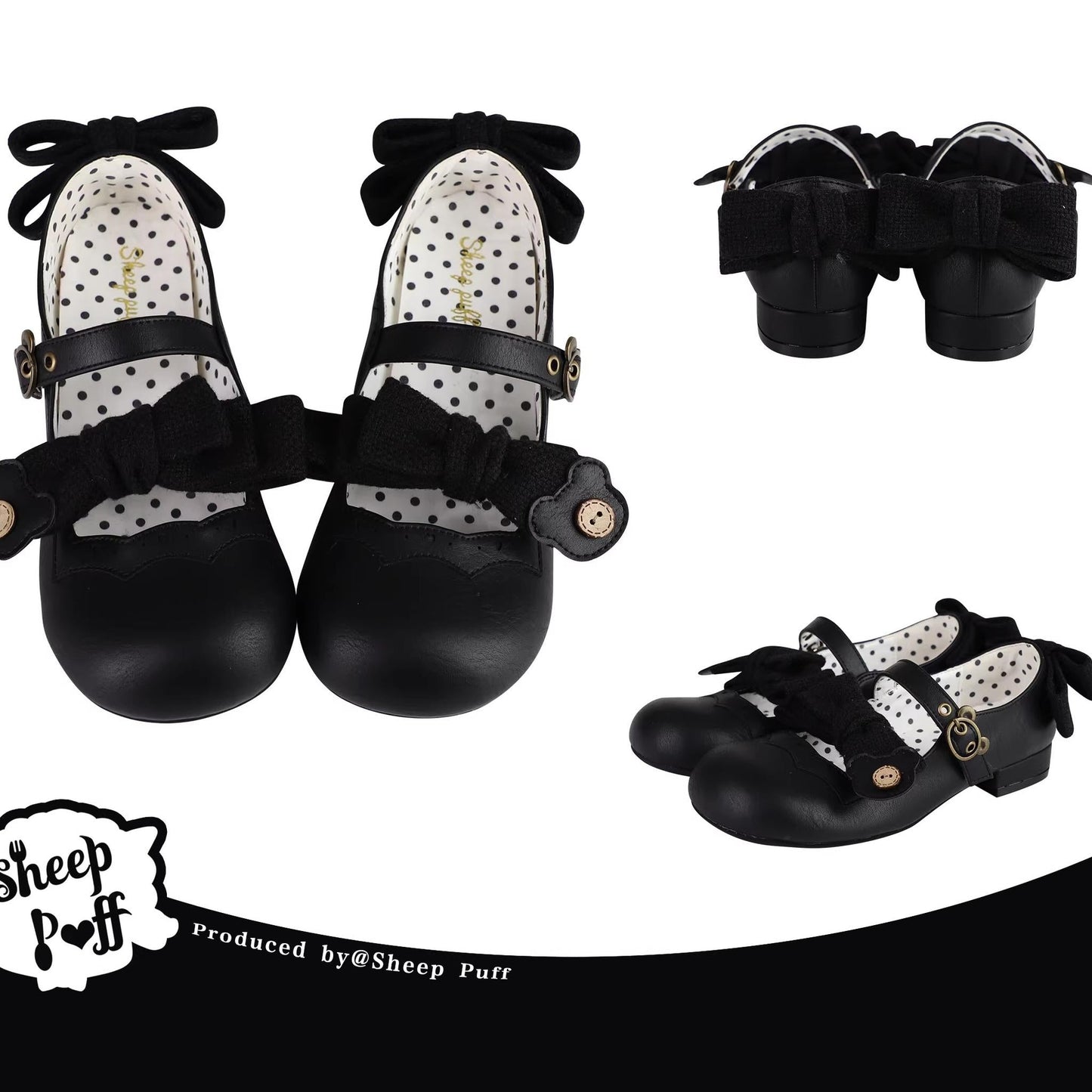 Sheep Puff - Bear Room - Sweet Lolita Shoes Double Bow Round Toe Flat Shoes