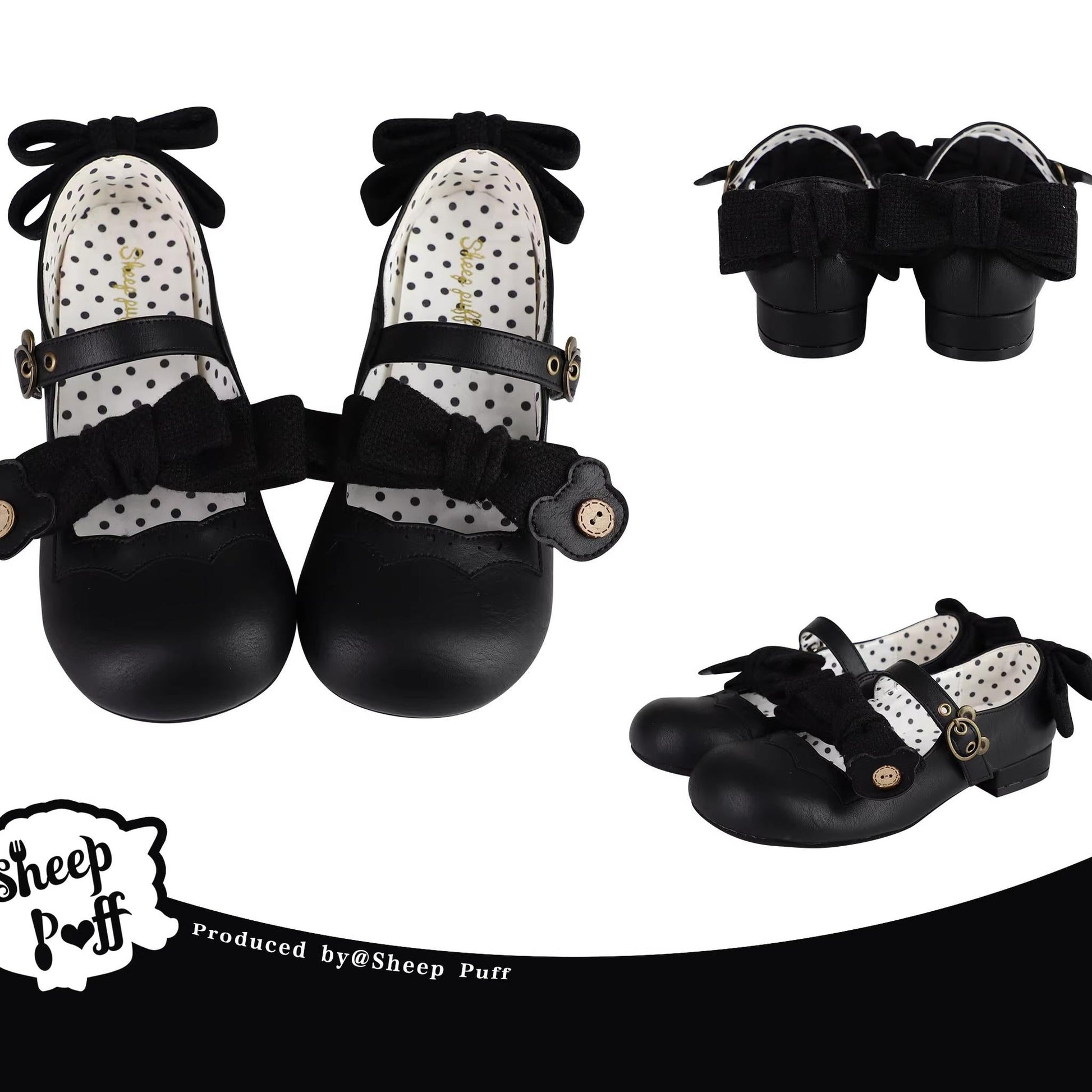 Sheep Puff - Bear Room - Sweet Lolita Shoes Double Bow Round Toe Flat Shoes