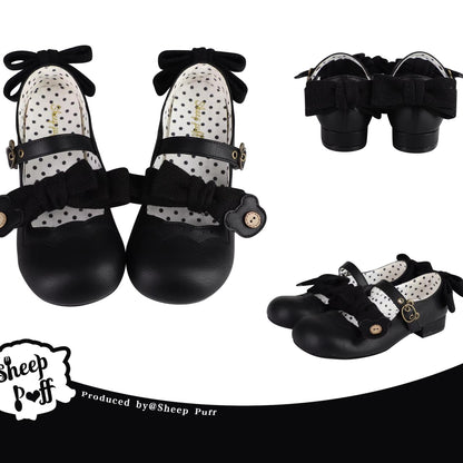 Sheep Puff - Bear Room - Sweet Lolita Shoes Double Bow Round Toe Flat Shoes