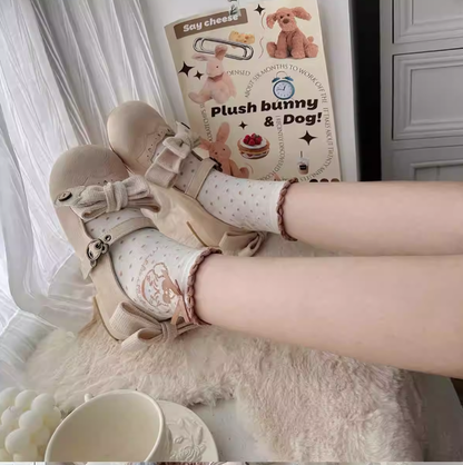 Sheep Puff - Bear Room - Sweet Lolita Shoes Double Bow Round Toe Flat Shoes
