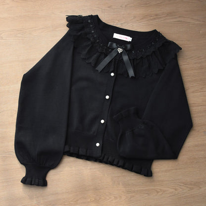 MIST - Graceful Dream - Retro Kawaii Lolita Sweater Cardigan, Ruffled Lace Neckline