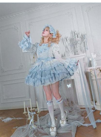 Honey Machine - Blue Whale - Sweet Lolita OP Suit Tiered Ruffle Dress with Shell Lace