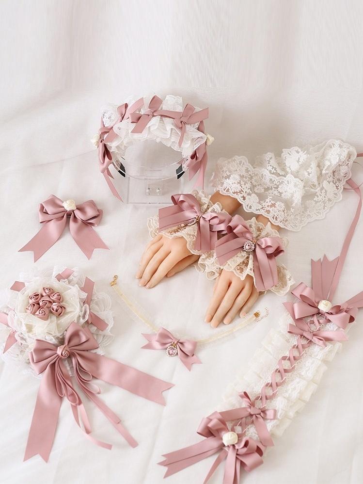 Xiaogui - Ivory & Pink Sweet Lolita Headdress Bridal Lace Headwear