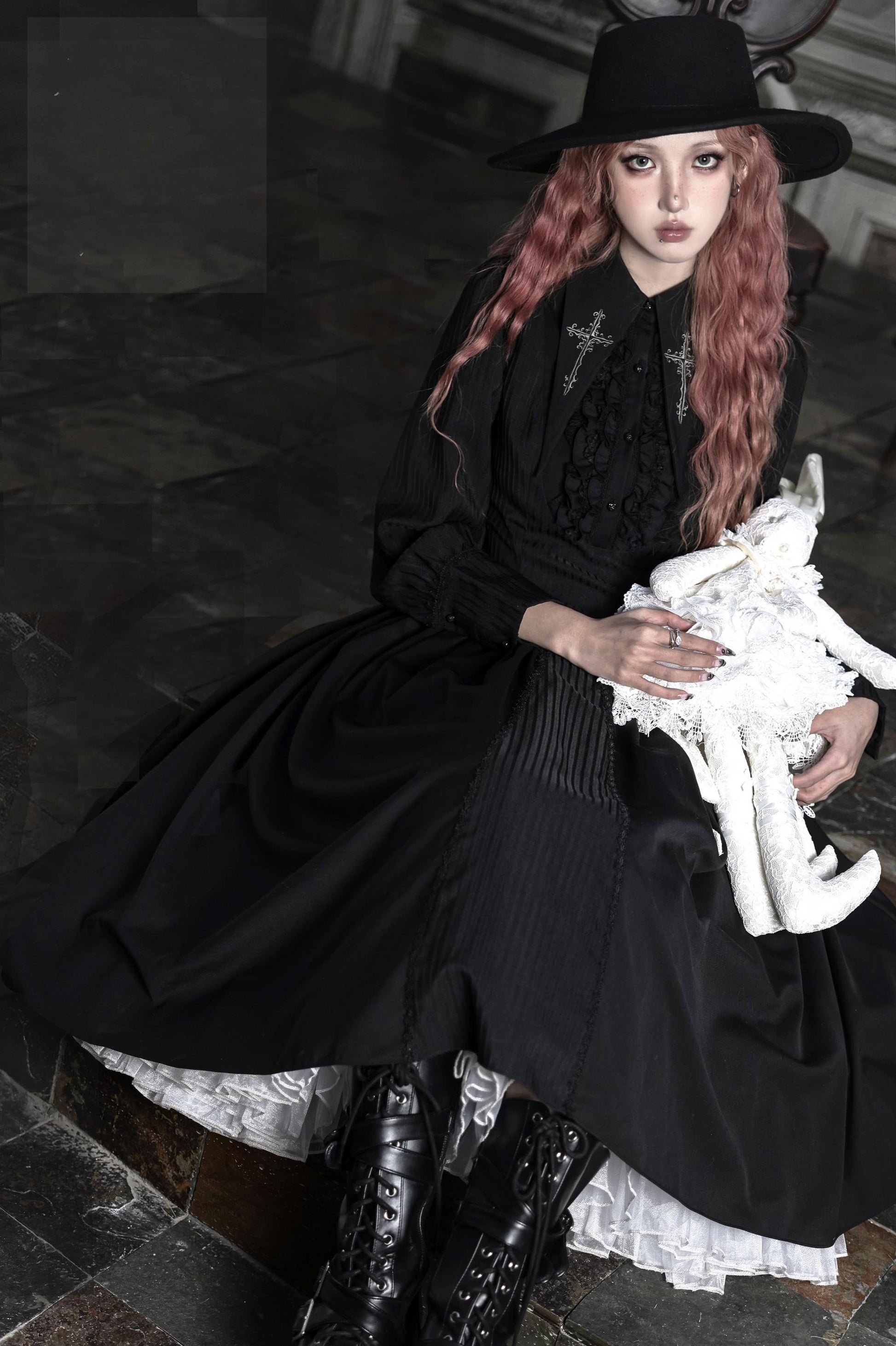 Lilizi - Redemption Song - Gothic Lolita OP Dress Cross Embroidery Tiered Hem