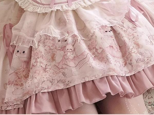 Half Sweet Lolita - Doll Garden - Sweet Lolita JSK Dress Cat Print Pink Dress Set