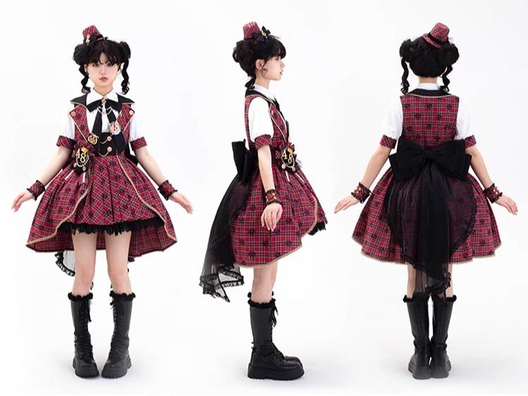 Forest Fluorescent Carps - IP Collab Sweet Lolita Performance Outfit Red Plaid JSK Full Set