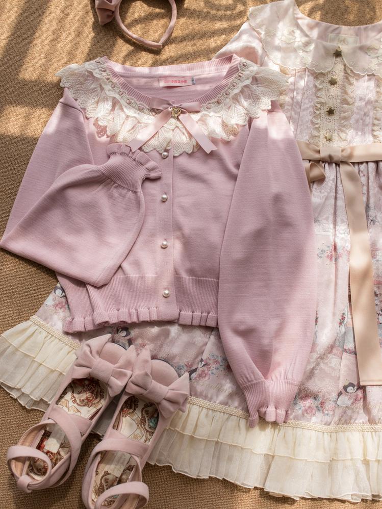 MIST - Graceful Dream - Retro Kawaii Lolita Sweater Cardigan, Ruffled Lace Neckline