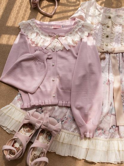 MIST - Graceful Dream - Retro Kawaii Lolita Sweater Cardigan, Ruffled Lace Neckline