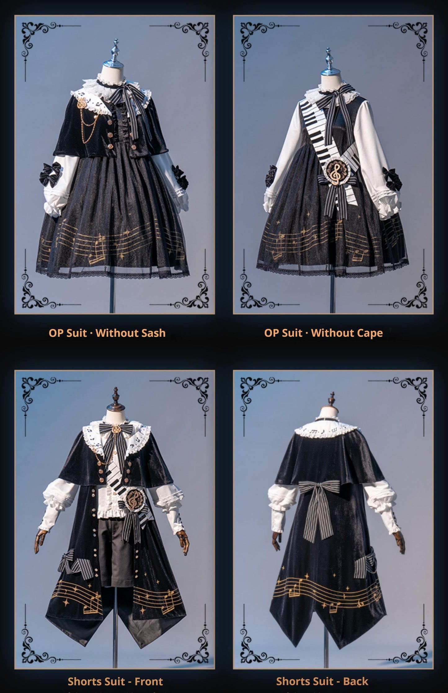Forest Fluorescent Carps - Black and White Sonata - Ouji Lolita Vest Suit and Vintage Lolita OP Dress