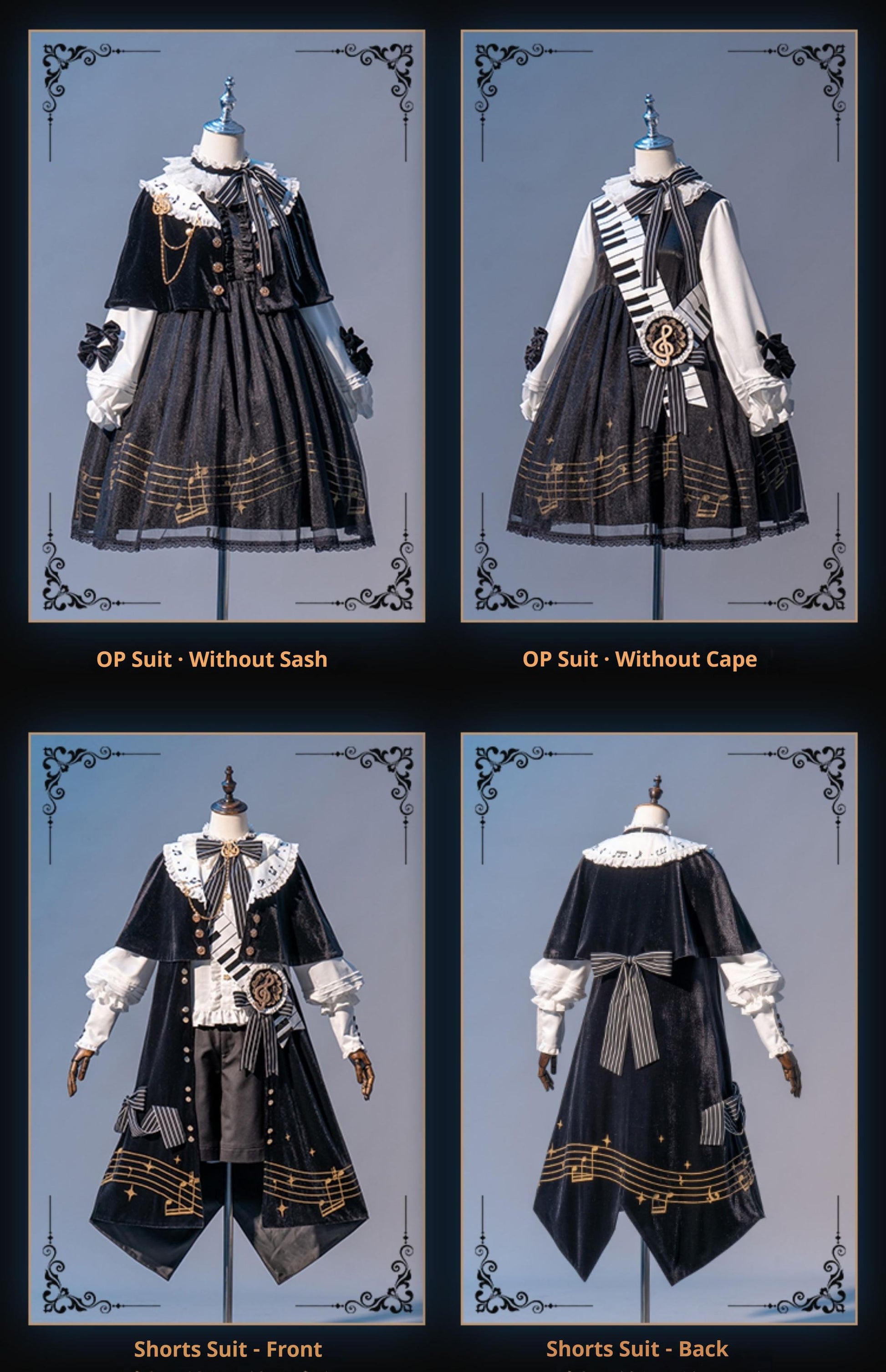 Forest Fluorescent Carps - Black and White Sonata - Ouji Lolita Vest Suit and Vintage Lolita OP Dress