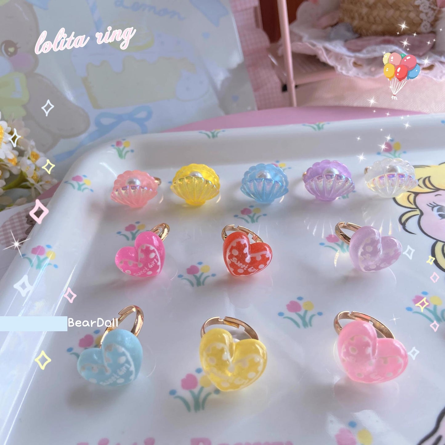 Bear Doll - Kawaii Lolita Ring Adjustable Shell Heart Shape Accessories