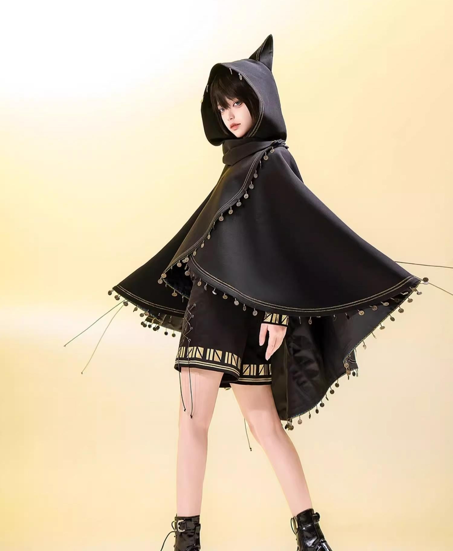 Princess Chronicles - Black Cat - Black Ouji Lolita Cape with Cool Cat Ear Hood