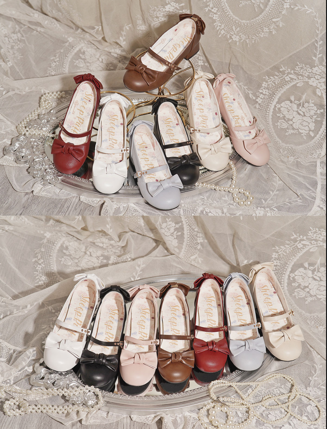 Sheep Puff - Elegant Lolita Bownot Retro High Heel Shoes