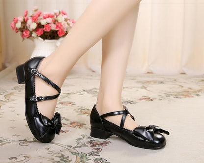 Sosic - Bow and Low Heel Cross Band Lolita Leather Shoes