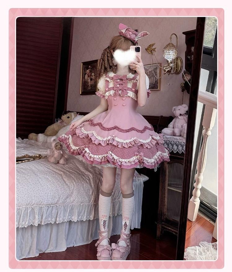 Sakurahime - Bunny Breeze - Pink Sweet Lolita OP Dress with Cute Hat and Bunny Ears