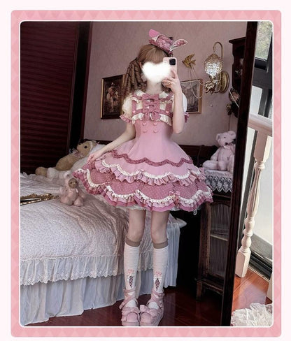 Sakurahime - Bunny Breeze - Pink Sweet Lolita OP Dress with Cute Hat and Bunny Ears