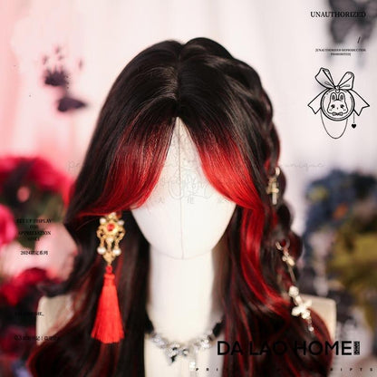 Dalao Home - Bathing Flames - Black Gothic Lolita Wig Red-black Highlighted Long Hair