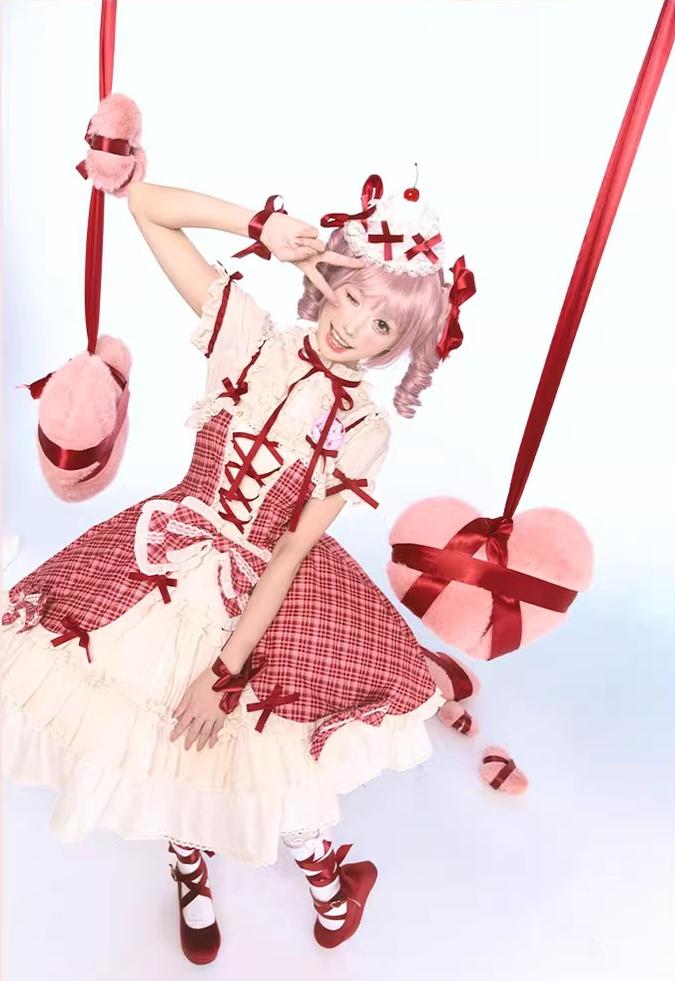Confession Balloon - Red Plaid Cake Skirt - IP Collab Lolita Plaid JSK Dress