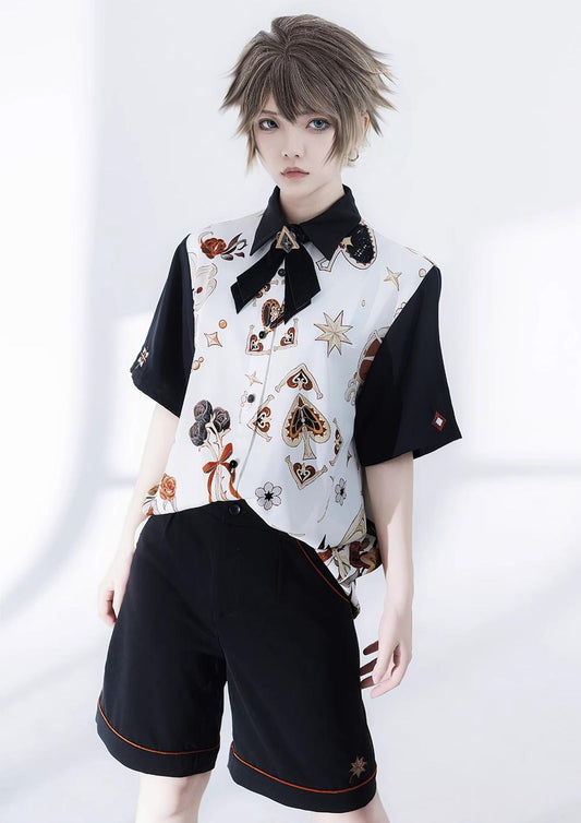 Princess Chronicles - Floral Intoxication - Retro Ouji Lolita Shirt Floral Short Sleeve Shirt and Embroidered Black Shorts