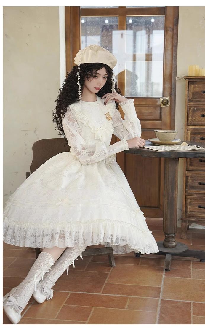 With PUJI - Floral Melody - Ivory Classic Lolita Long Sleeve OP Dress with Layered Bolero