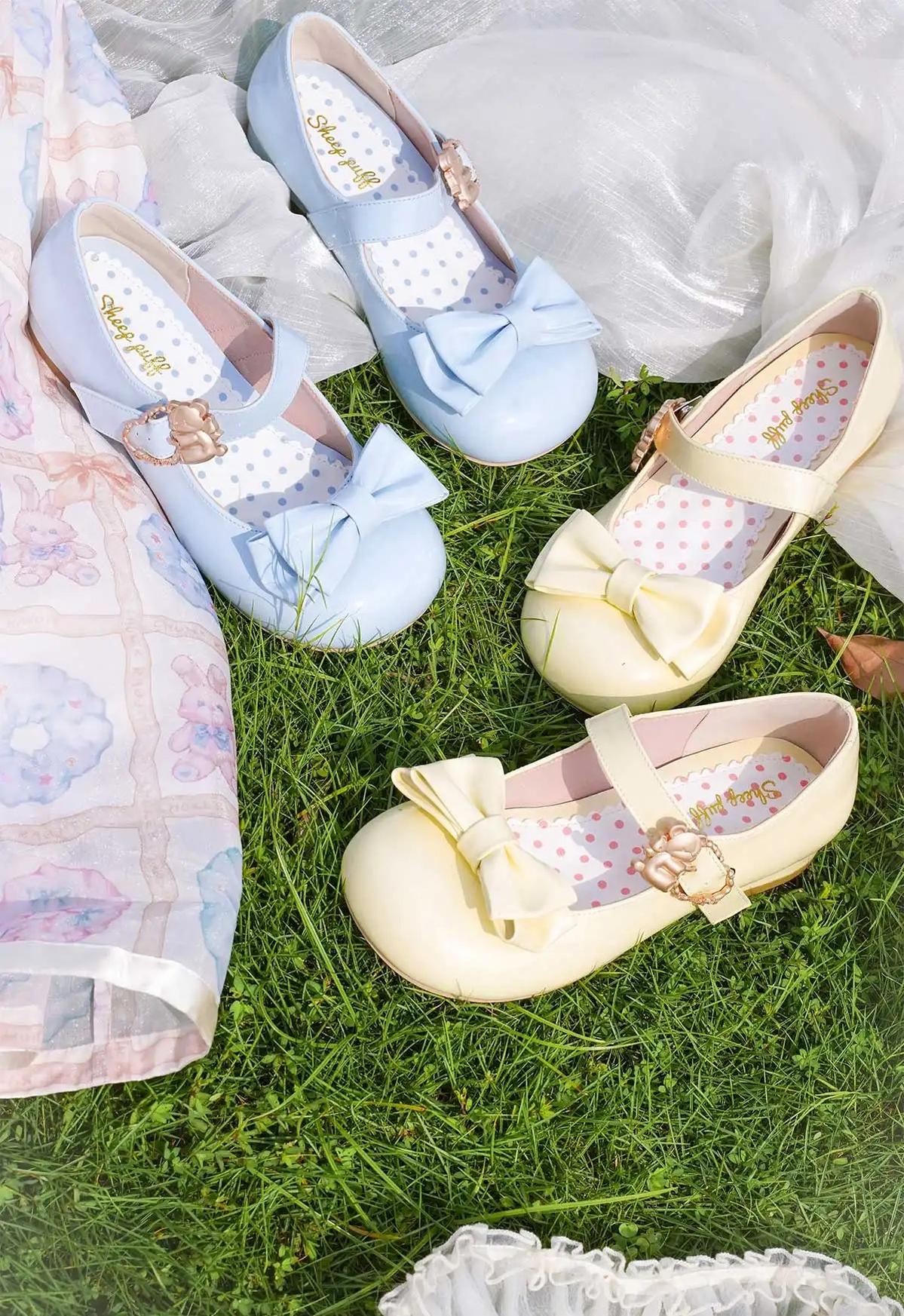 Sheep Puff - Hug Bear - Sweet Lolita Heel Shoes Bear Metal Buckle Bow Shoes