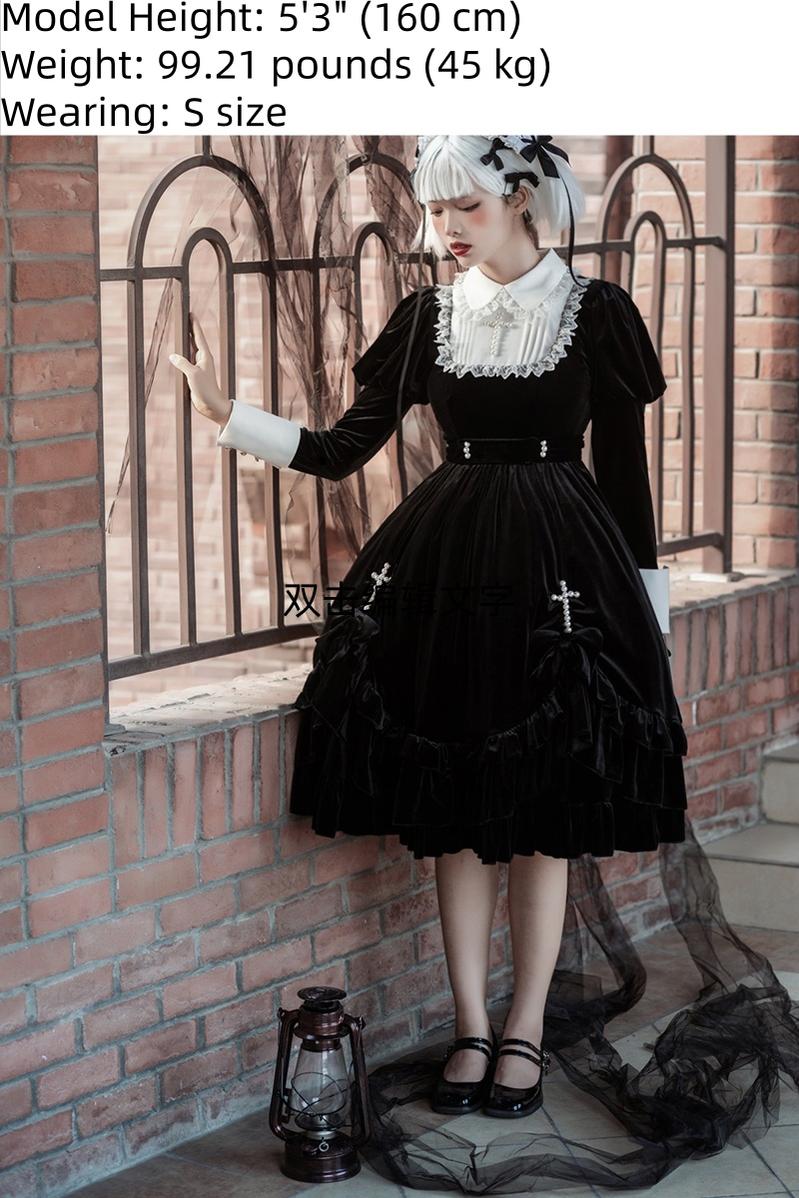 Your Princess - Gothic Lolita Velvet Maid OP Dress, Pearl Cross Accents