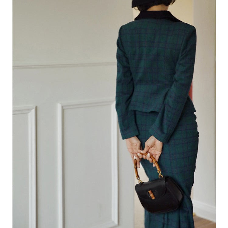 Indigo green plaid retro jacket and tight skirt and flared skirt