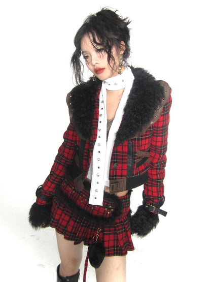 Plaid wool faux wool neck thickened coat + low-waisted culottes suit