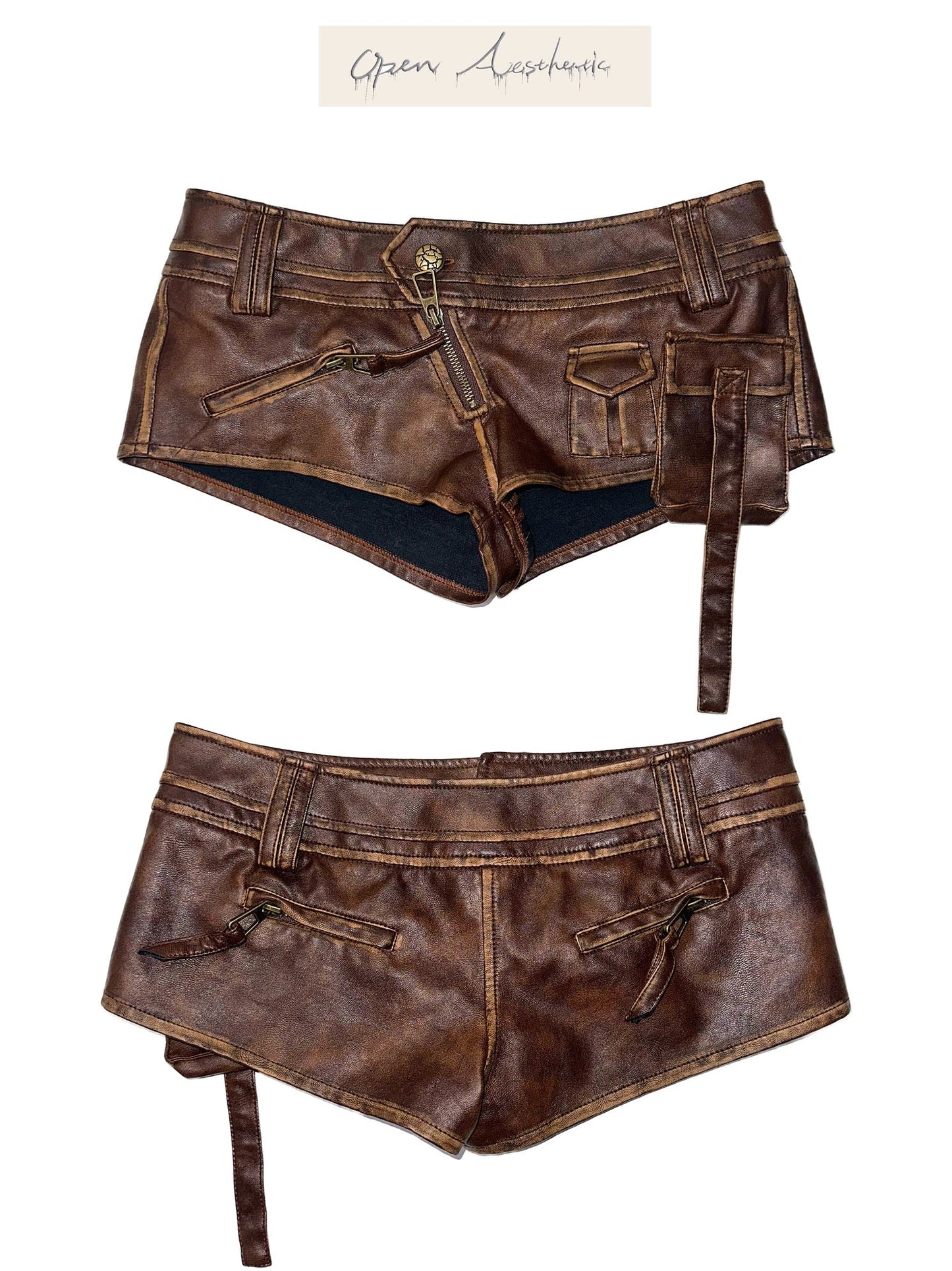 Retro punk wipe color faux leather low-waisted short shorts