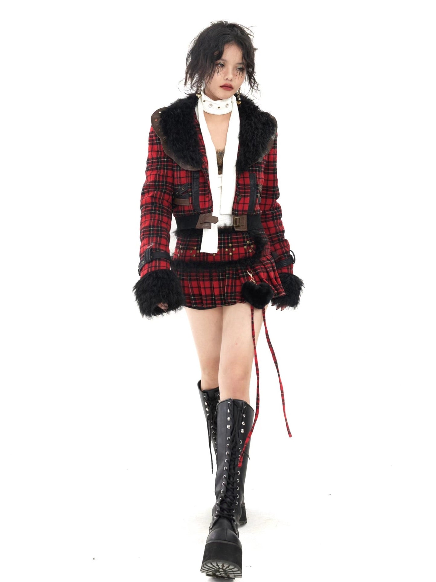 Plaid wool faux wool neck thickened coat + low-waisted culottes suit