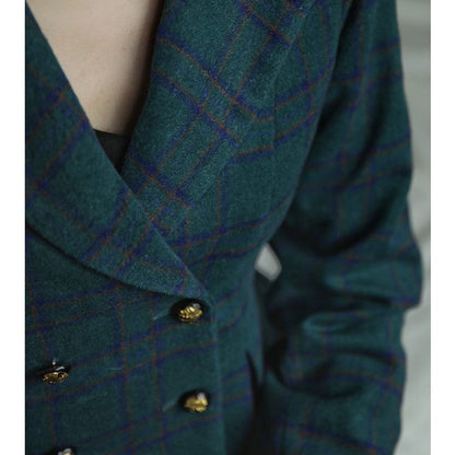 Indigo green plaid retro jacket and tight skirt and flared skirt