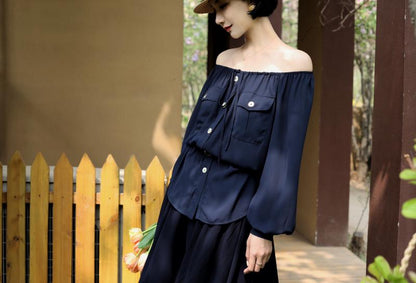 Dark blue ladies wide leg skirt pants