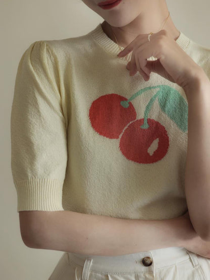 Knitted top with red cherry print