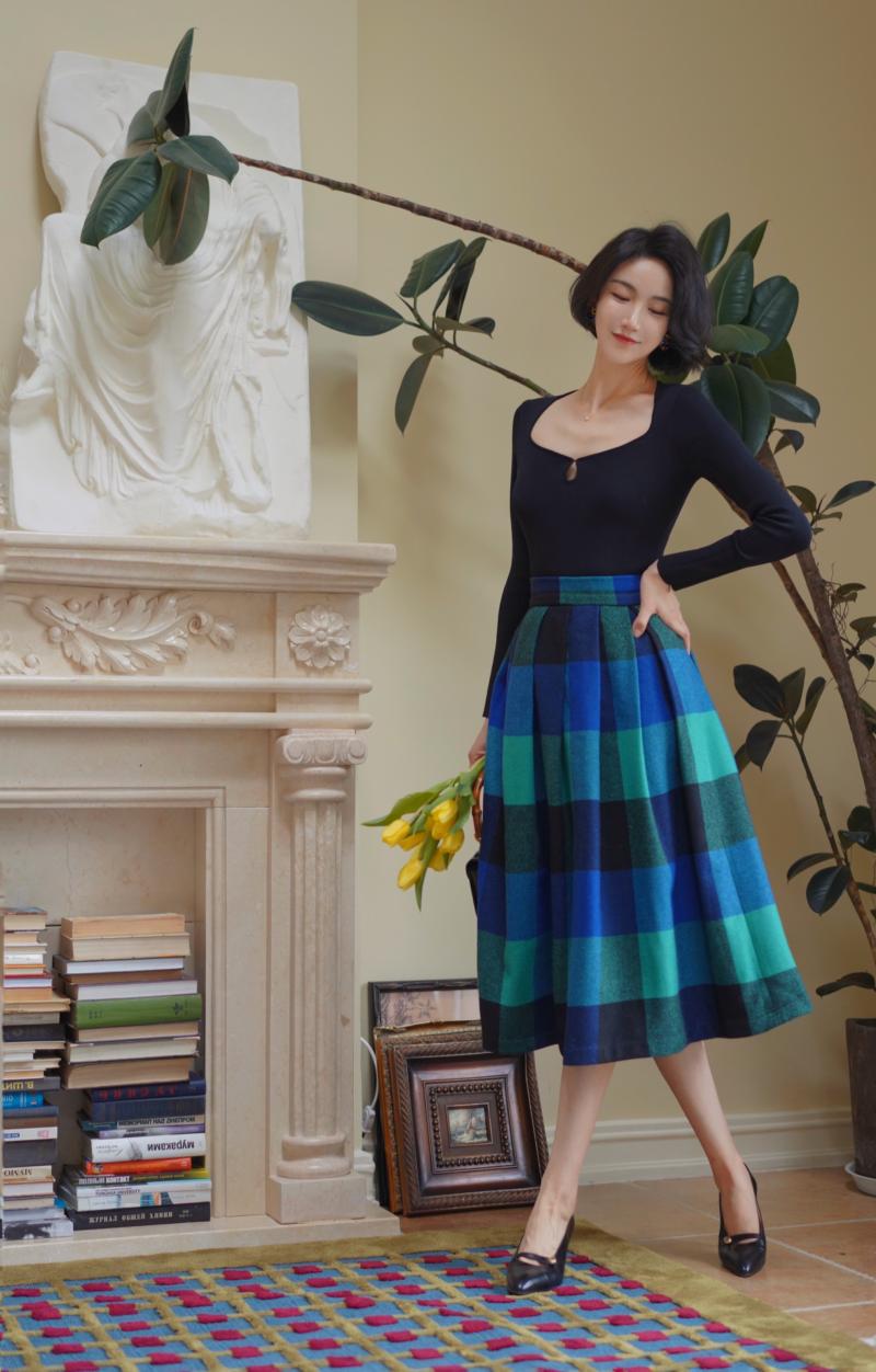 Indigo Green Plaid Retro Umbrella Skirt