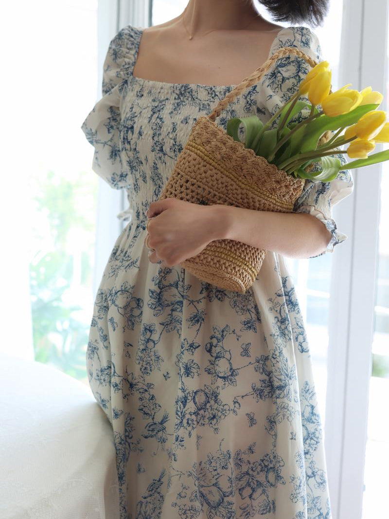 Blue indigo flower pattern retro dress