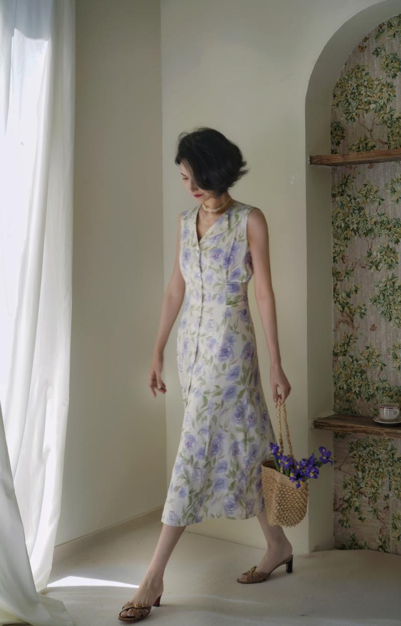 Light purple rose pattern melting dress