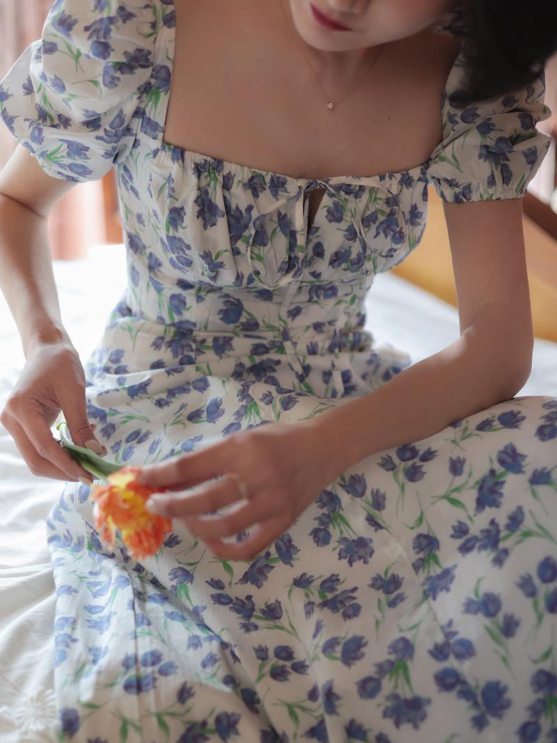 Blue Floral Pattern French Retro Dress