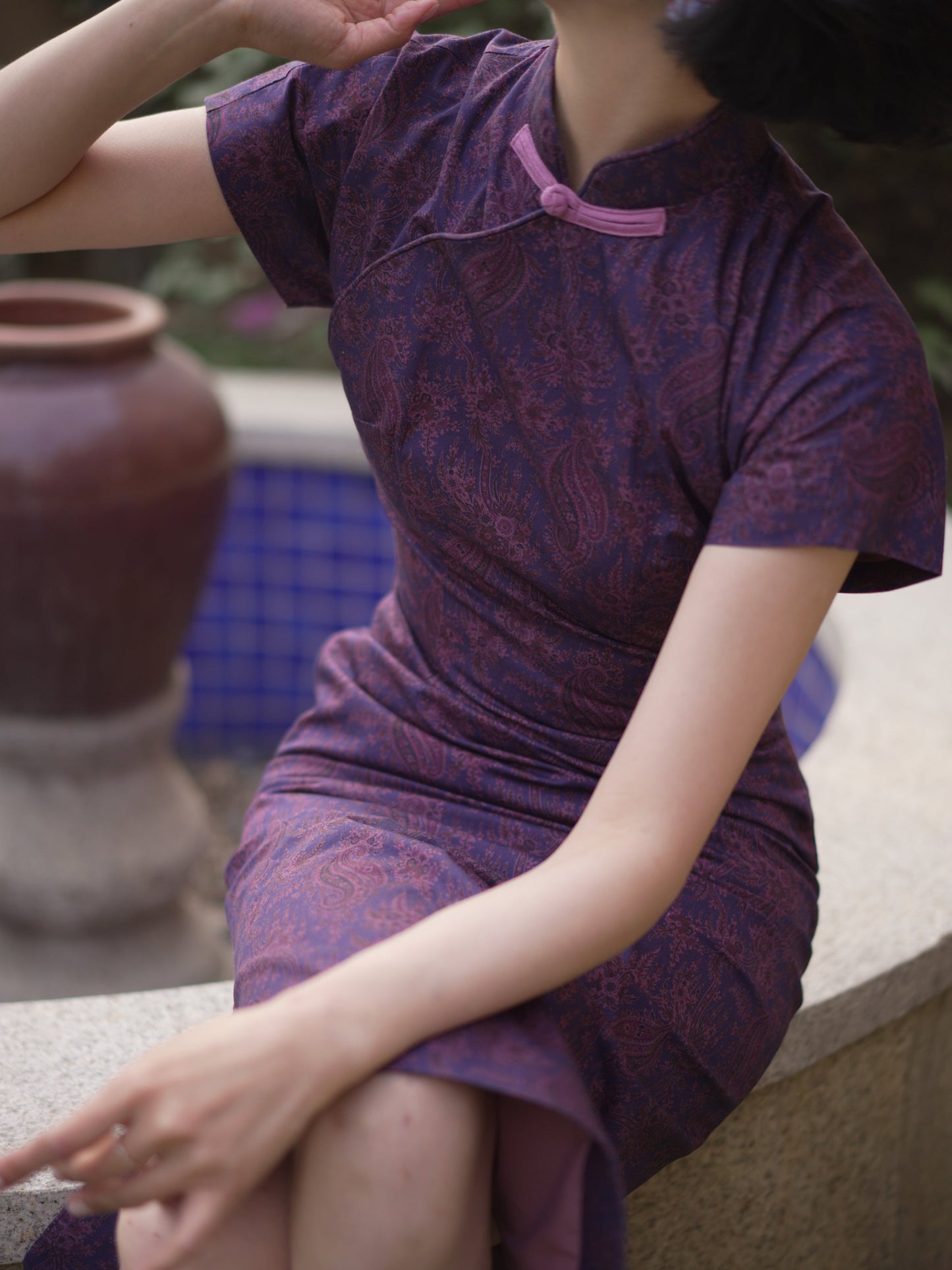 purple floral cheongsam dress