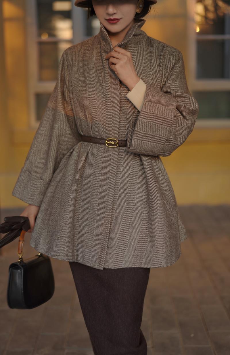 Gray brown lady herringbone wool coat