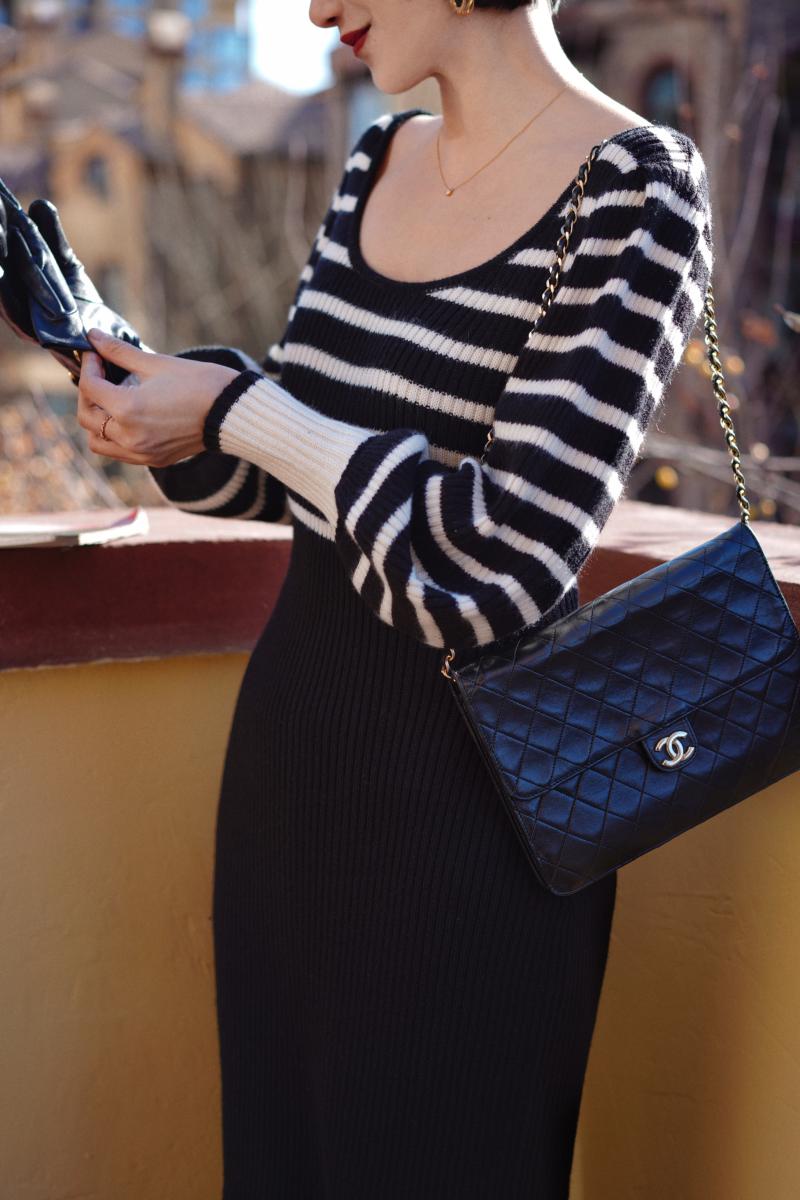 Black and white striped knit dress